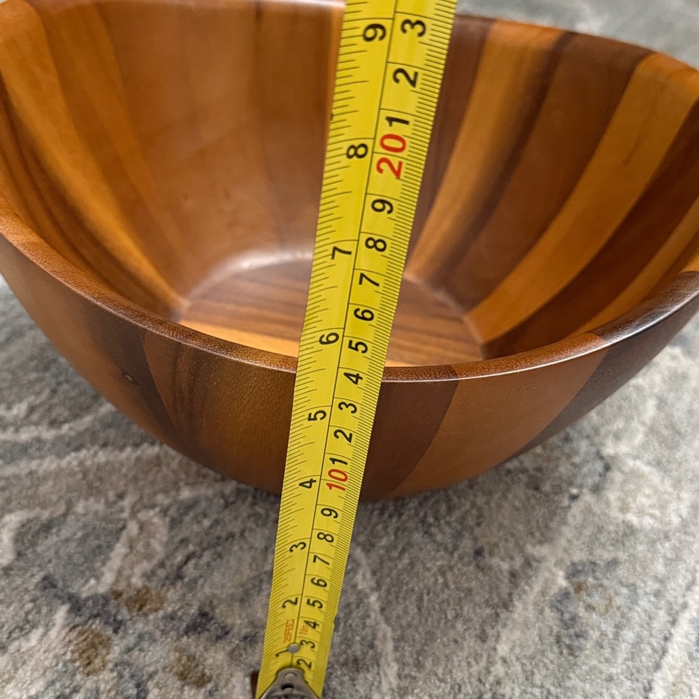 Nambe Wood-Tone Striped Acacia Salad Bowl with Servers - Picture 7 of 8